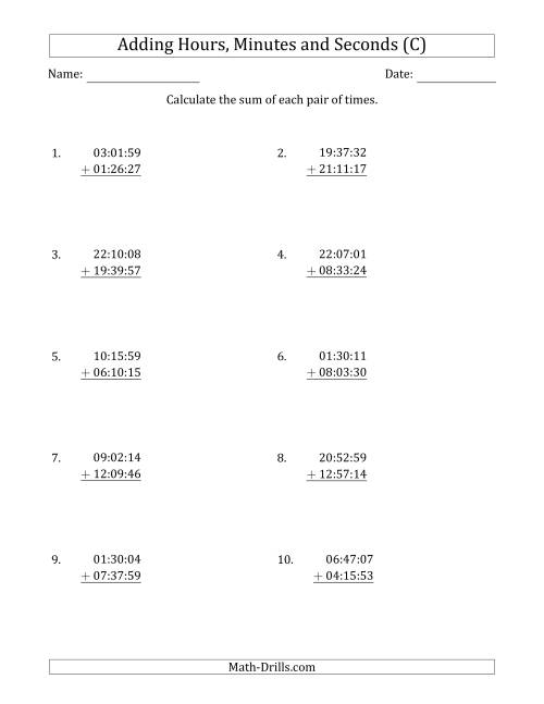 The Adding Hours, Minutes and Seconds (Compact Format) (C) Math Worksheet