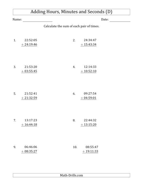 The Adding Hours, Minutes and Seconds (Compact Format) (D) Math Worksheet