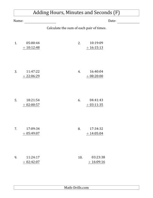 The Adding Hours, Minutes and Seconds (Compact Format) (F) Math Worksheet