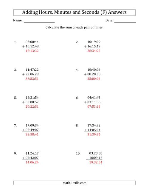 The Adding Hours, Minutes and Seconds (Compact Format) (F) Math Worksheet Page 2