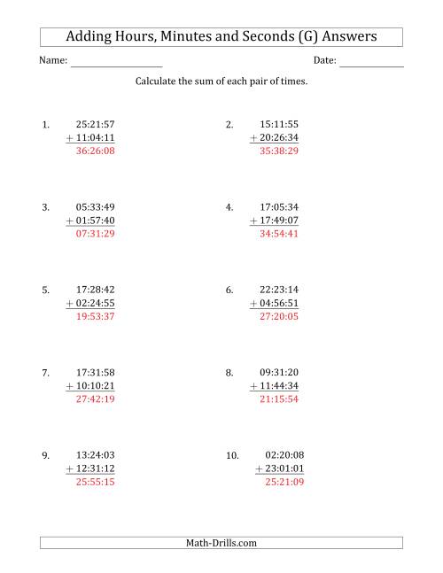 The Adding Hours, Minutes and Seconds (Compact Format) (G) Math Worksheet Page 2