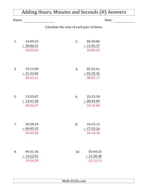 The Adding Hours, Minutes and Seconds (Compact Format) (H) Math Worksheet Page 2