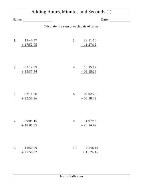 The Adding Hours, Minutes and Seconds (Compact Format) (I) Math Worksheet