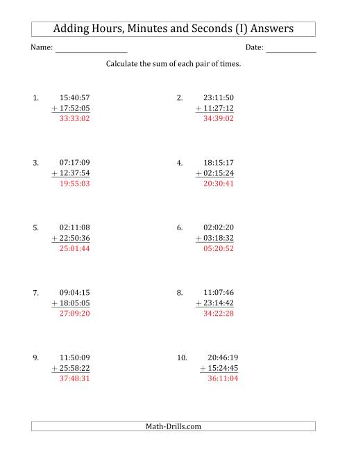 The Adding Hours, Minutes and Seconds (Compact Format) (I) Math Worksheet Page 2
