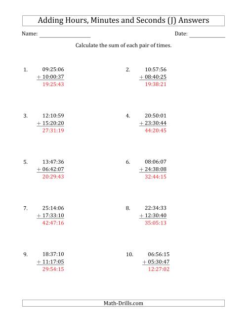 The Adding Hours, Minutes and Seconds (Compact Format) (J) Math Worksheet Page 2