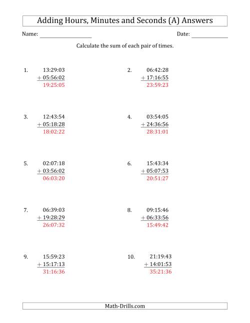 The Adding Hours, Minutes and Seconds (Compact Format) (All) Math Worksheet Page 2