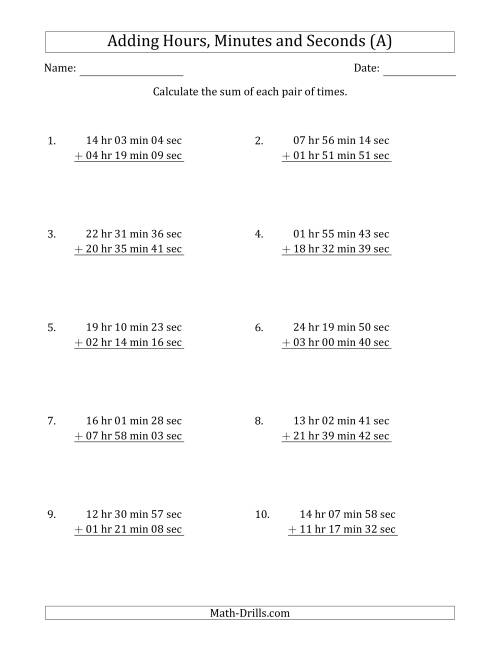 The Adding Hours, Minutes and Seconds (Long Format) (A) Math Worksheet
