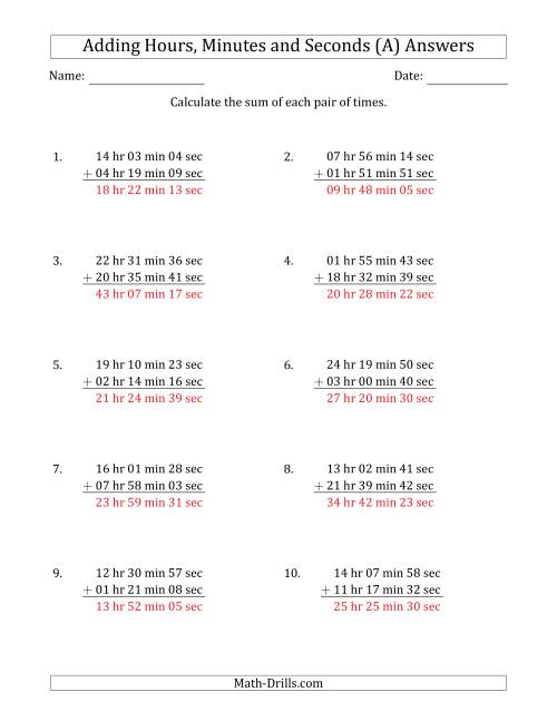 The Adding Hours, Minutes and Seconds (Long Format) (A) Math Worksheet Page 2