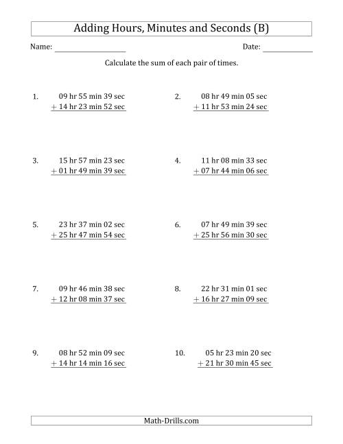 The Adding Hours, Minutes and Seconds (Long Format) (B) Math Worksheet