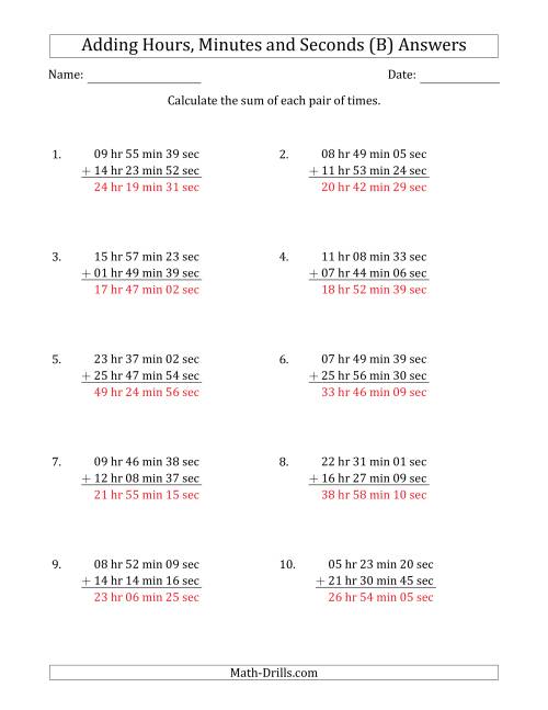 The Adding Hours, Minutes and Seconds (Long Format) (B) Math Worksheet Page 2