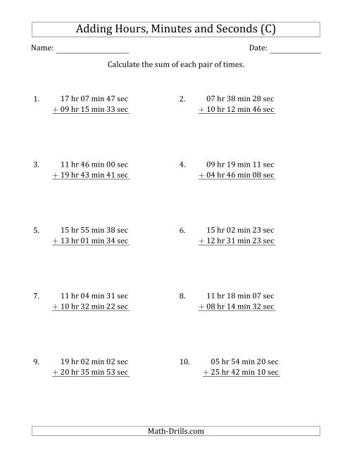 The Adding Hours, Minutes and Seconds (Long Format) (C) Math Worksheet