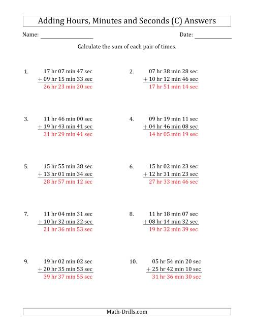 The Adding Hours, Minutes and Seconds (Long Format) (C) Math Worksheet Page 2