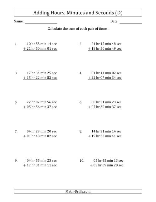 The Adding Hours, Minutes and Seconds (Long Format) (D) Math Worksheet