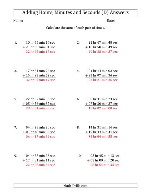 The Adding Hours, Minutes and Seconds (Long Format) (D) Math Worksheet Page 2