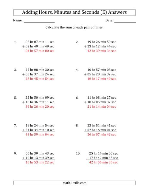 The Adding Hours, Minutes and Seconds (Long Format) (E) Math Worksheet Page 2