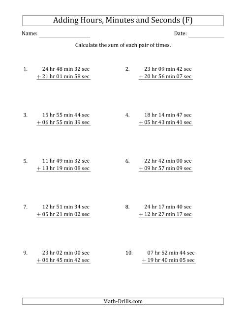 The Adding Hours, Minutes and Seconds (Long Format) (F) Math Worksheet