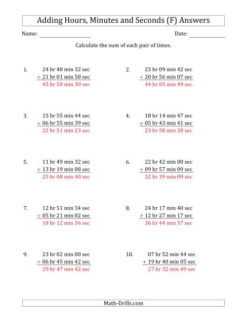 The Adding Hours, Minutes and Seconds (Long Format) (F) Math Worksheet Page 2