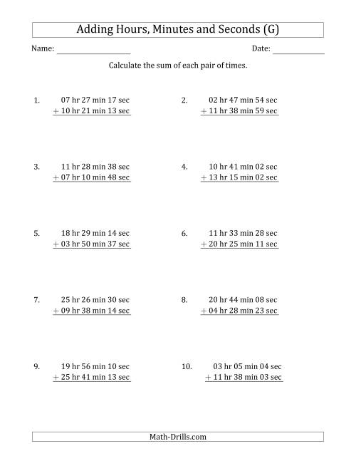The Adding Hours, Minutes and Seconds (Long Format) (G) Math Worksheet