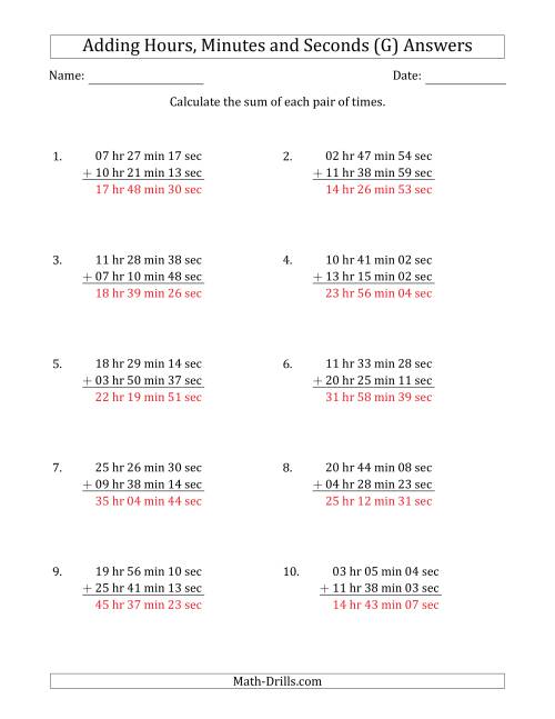 The Adding Hours, Minutes and Seconds (Long Format) (G) Math Worksheet Page 2