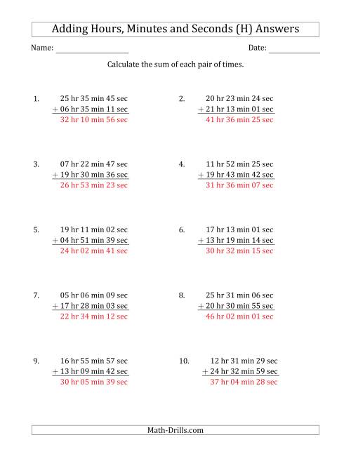 The Adding Hours, Minutes and Seconds (Long Format) (H) Math Worksheet Page 2