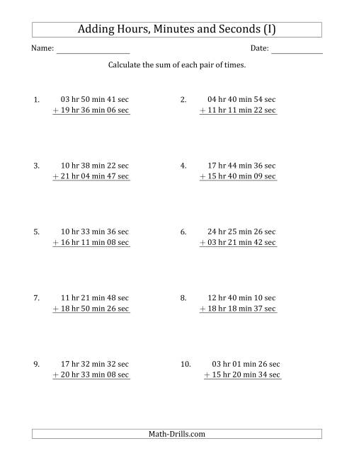The Adding Hours, Minutes and Seconds (Long Format) (I) Math Worksheet