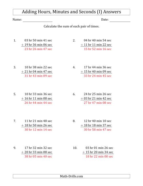 The Adding Hours, Minutes and Seconds (Long Format) (I) Math Worksheet Page 2