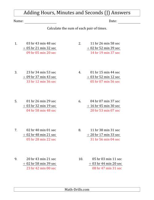 The Adding Hours, Minutes and Seconds (Long Format) (J) Math Worksheet Page 2