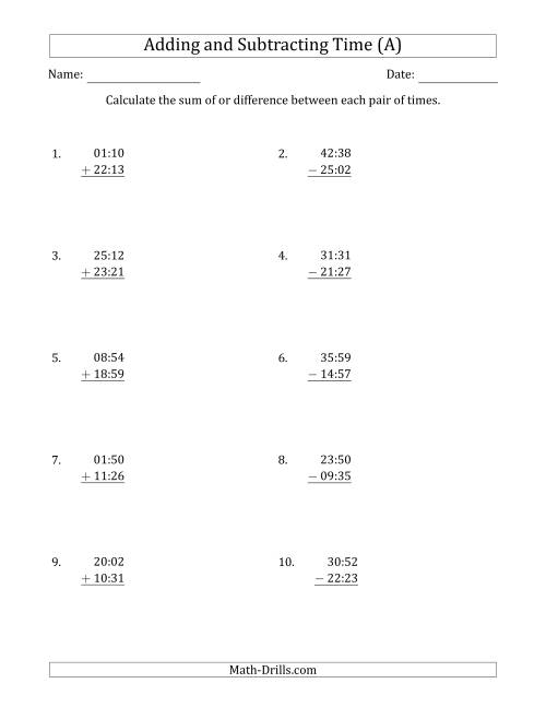 The Adding and Subtracting Hours and Minutes (Compact Format) (A) Math Worksheet