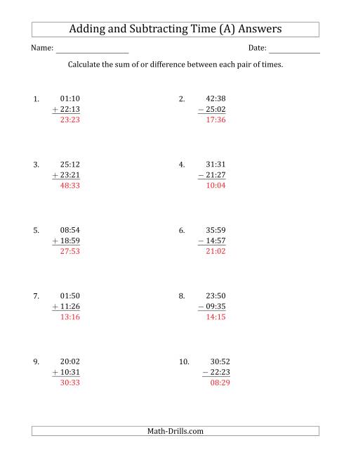 The Adding and Subtracting Hours and Minutes (Compact Format) (A) Math Worksheet Page 2