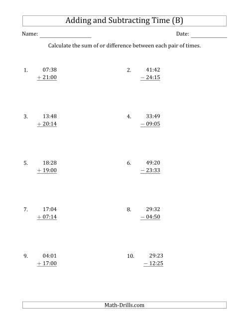 The Adding and Subtracting Hours and Minutes (Compact Format) (B) Math Worksheet
