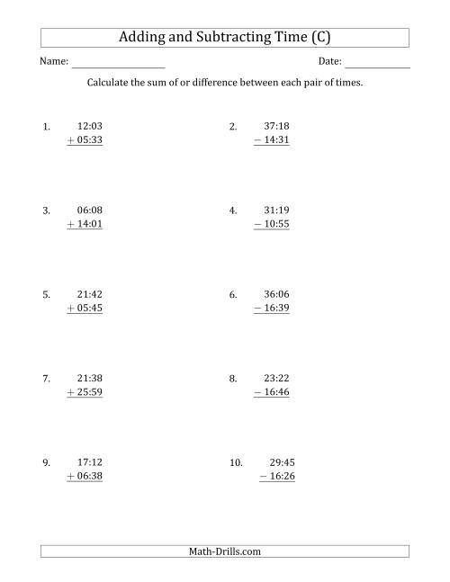 The Adding and Subtracting Hours and Minutes (Compact Format) (C) Math Worksheet