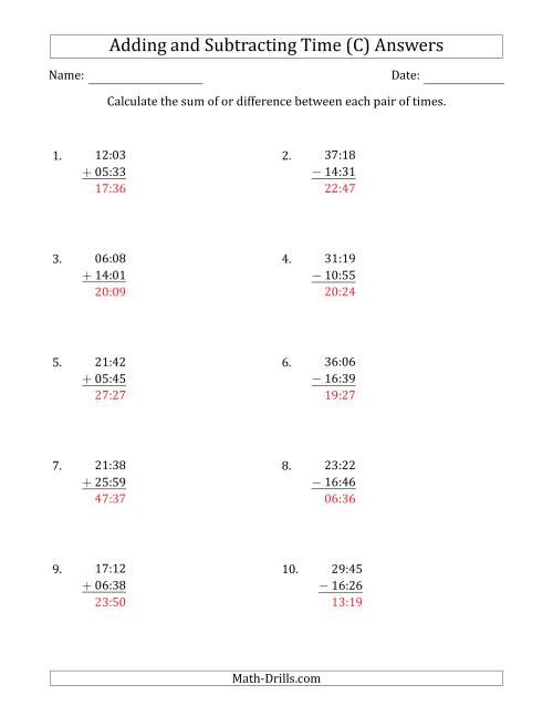 The Adding and Subtracting Hours and Minutes (Compact Format) (C) Math Worksheet Page 2