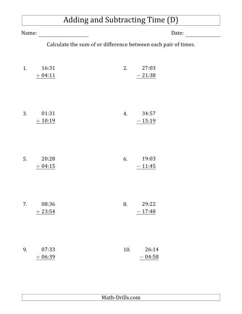 The Adding and Subtracting Hours and Minutes (Compact Format) (D) Math Worksheet