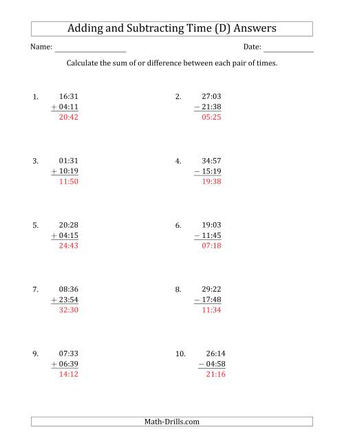 The Adding and Subtracting Hours and Minutes (Compact Format) (D) Math Worksheet Page 2