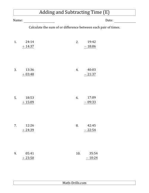 The Adding and Subtracting Hours and Minutes (Compact Format) (E) Math Worksheet