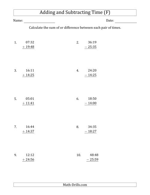 The Adding and Subtracting Hours and Minutes (Compact Format) (F) Math Worksheet