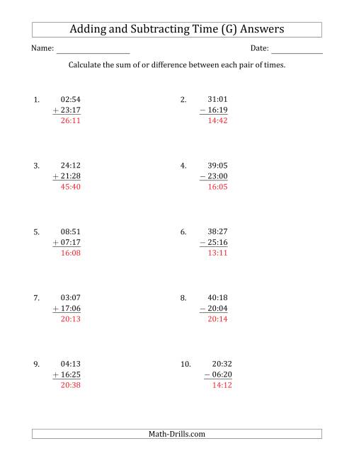 The Adding and Subtracting Hours and Minutes (Compact Format) (G) Math Worksheet Page 2