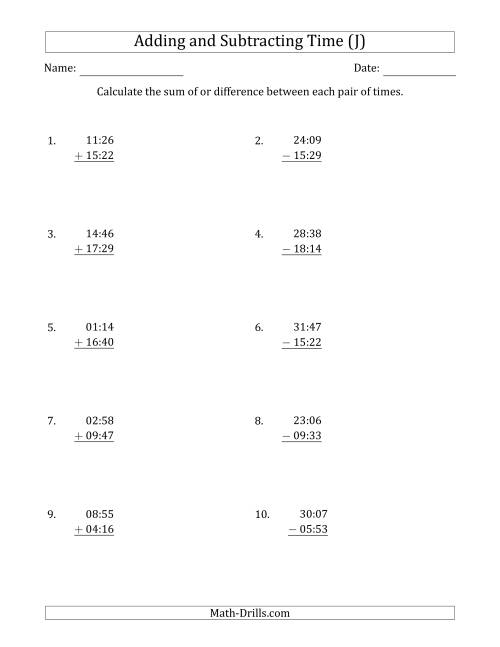 The Adding and Subtracting Hours and Minutes (Compact Format) (J) Math Worksheet