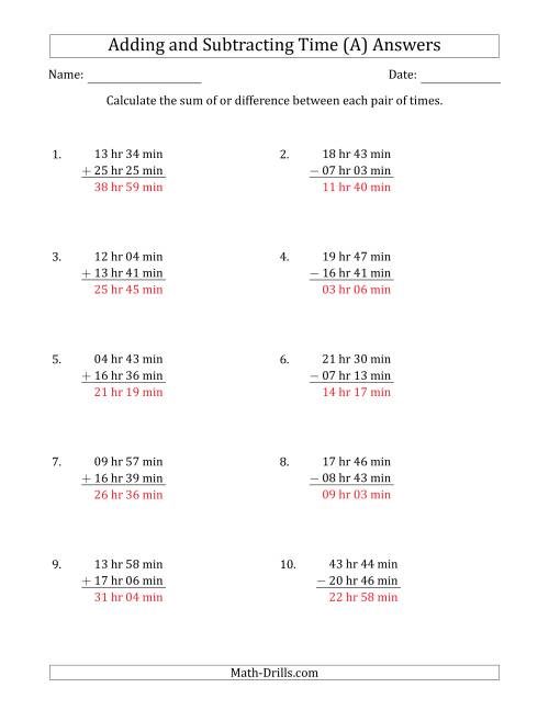 The Adding and Subtracting Hours and Minutes (Long Format) (A) Math Worksheet Page 2