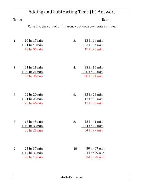 The Adding and Subtracting Hours and Minutes (Long Format) (B) Math Worksheet Page 2
