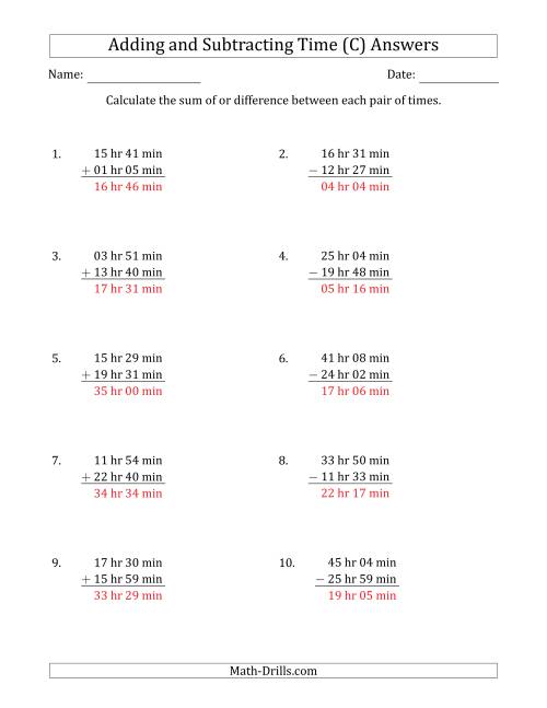 The Adding and Subtracting Hours and Minutes (Long Format) (C) Math Worksheet Page 2
