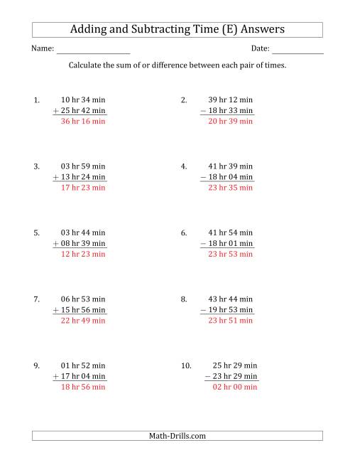 The Adding and Subtracting Hours and Minutes (Long Format) (E) Math Worksheet Page 2