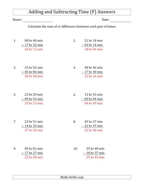 The Adding and Subtracting Hours and Minutes (Long Format) (F) Math Worksheet Page 2