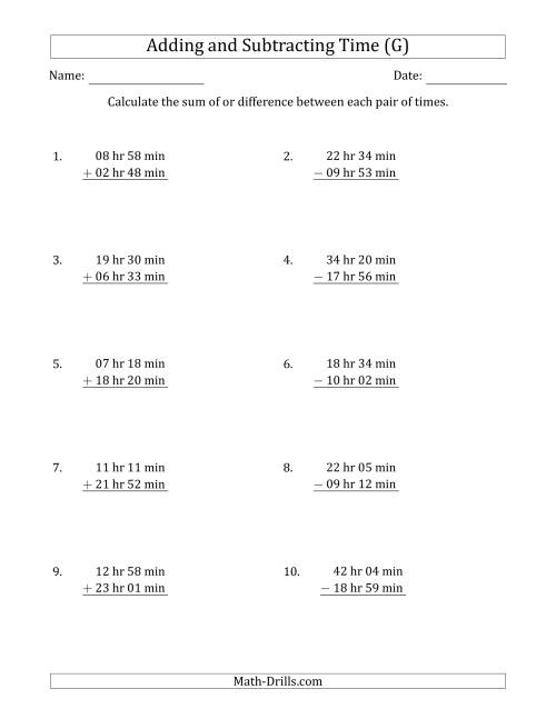 The Adding and Subtracting Hours and Minutes (Long Format) (G) Math Worksheet