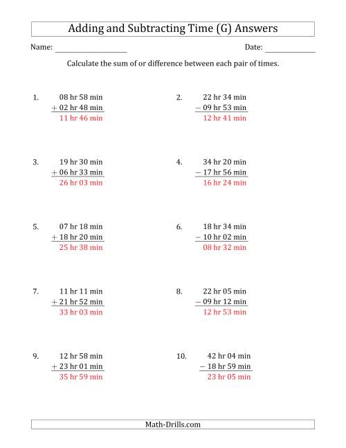 The Adding and Subtracting Hours and Minutes (Long Format) (G) Math Worksheet Page 2