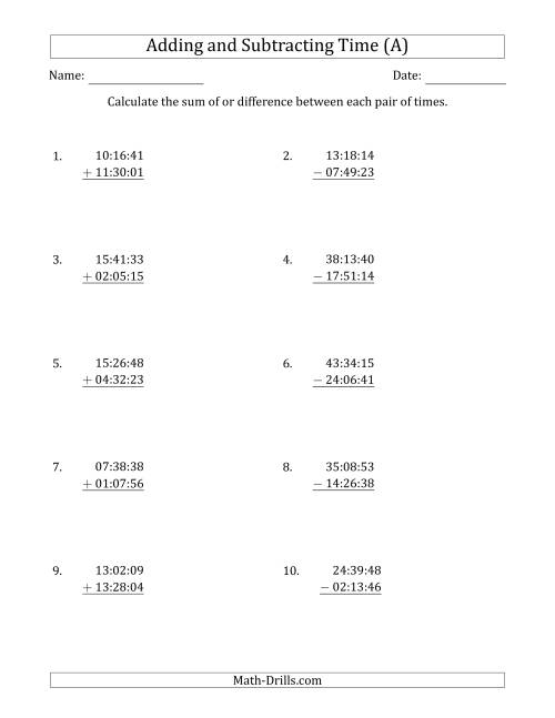 The Adding and Subtracting Hours, Minutes and Seconds (Compact Format) (A) Math Worksheet