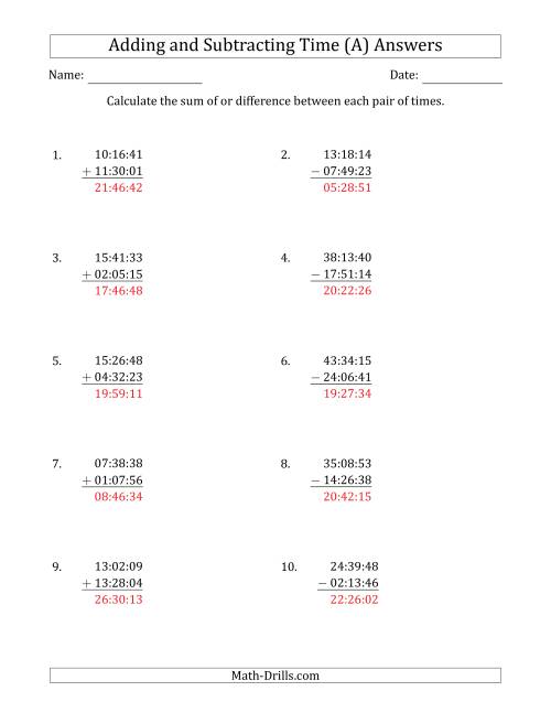 The Adding and Subtracting Hours, Minutes and Seconds (Compact Format) (A) Math Worksheet Page 2