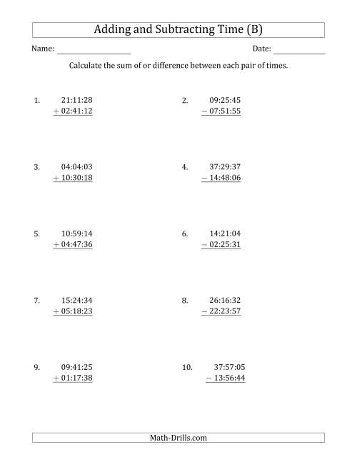 The Adding and Subtracting Hours, Minutes and Seconds (Compact Format) (B) Math Worksheet