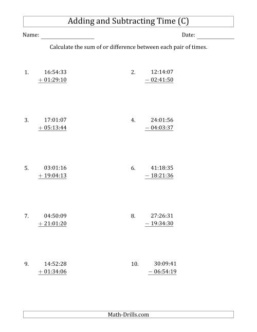 The Adding and Subtracting Hours, Minutes and Seconds (Compact Format) (C) Math Worksheet