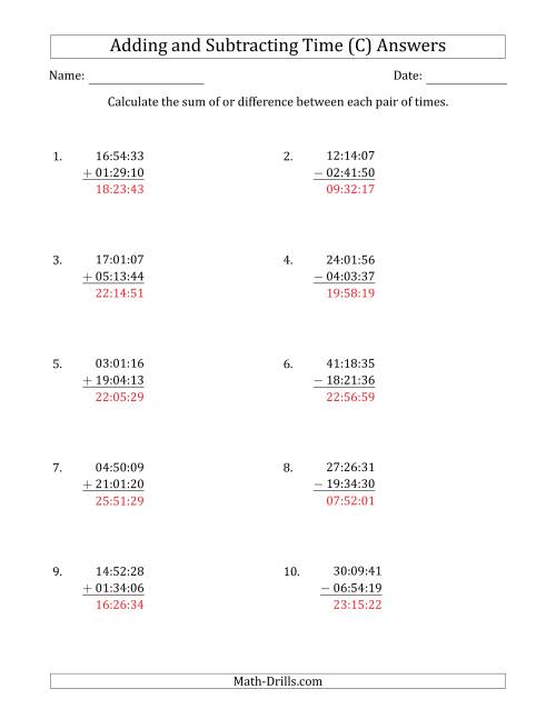 The Adding and Subtracting Hours, Minutes and Seconds (Compact Format) (C) Math Worksheet Page 2